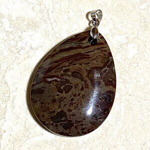 Genuine Dark Earthy Brecciated Jasper Pendant, Large Natural Water Drop Gemstone
